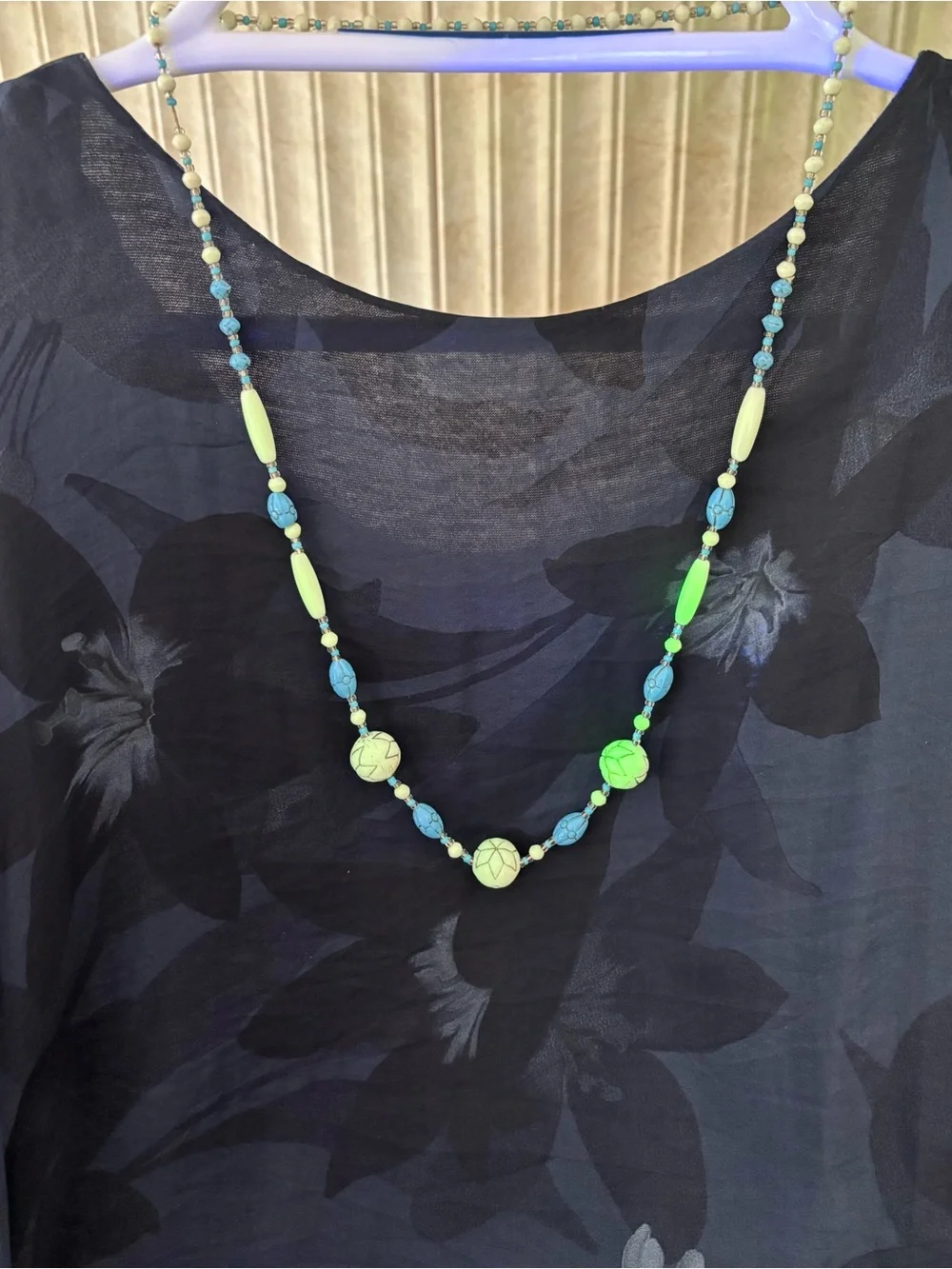 Antique Neiger White & Turquoise Beaded Long uranium glass necklace